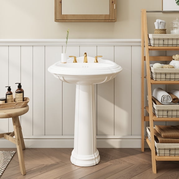 24" Round Pedestal Sink - Ceramic Bathroom Sink with Overflow & 8" 3-hole Faucet Mount (White)