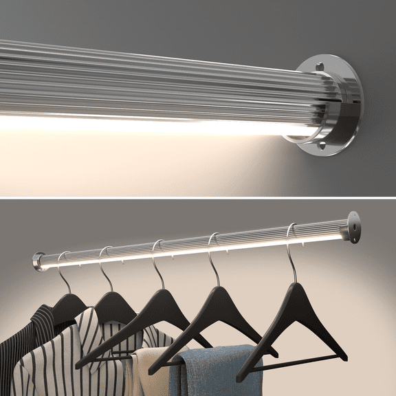 24" Round Ridged LED Closet Hanging Rod in Chrome with Remote Control [Power Supply, Remote Control and Receiver Included]
