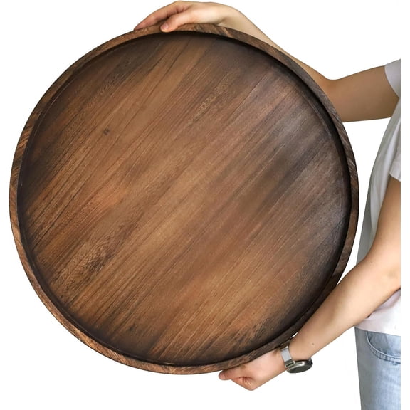 24" Round Rustic Wood Ottoman Serving Tray, Oversized Farmhouse Decorative Tray for Coffee Table