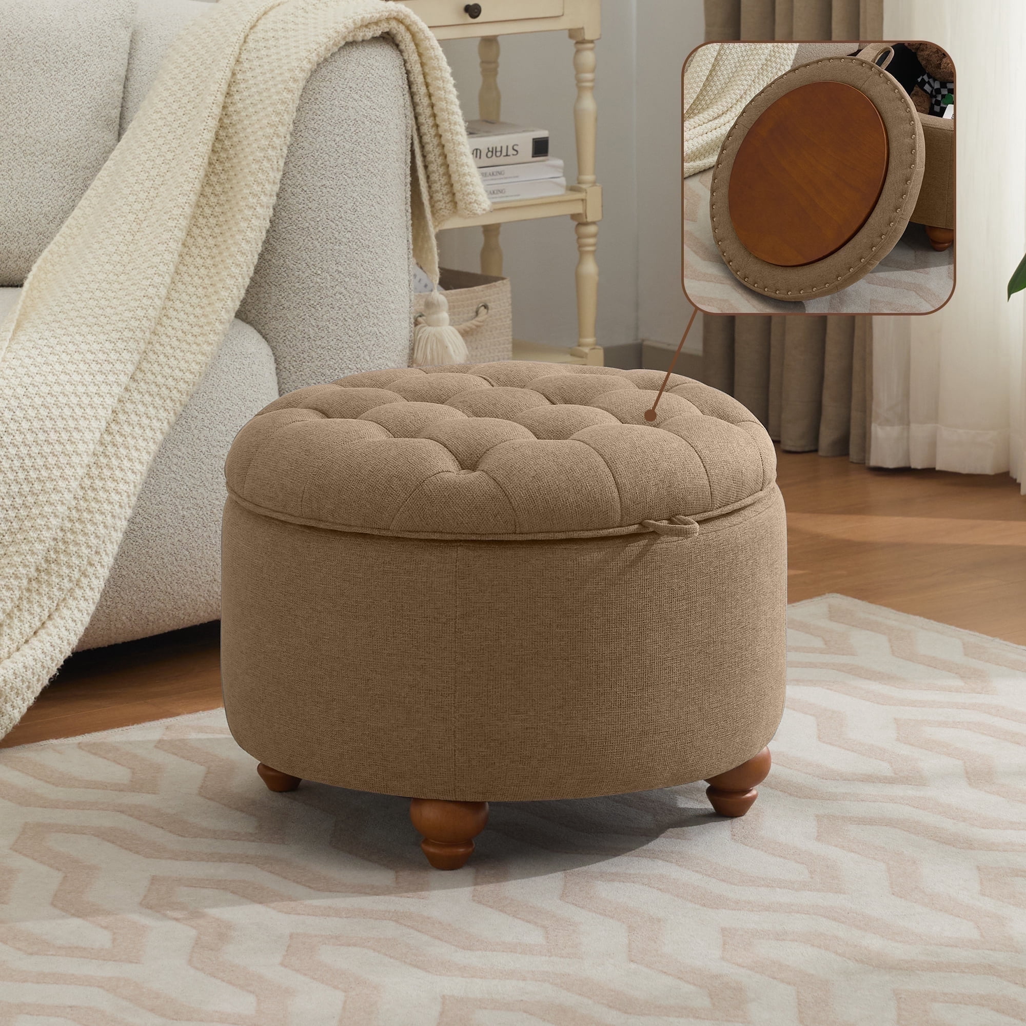 24'' Round Ottoman with Storage, Modern Tufted Fabric Storage Ottoman with Removable Top for Living Room, Bedroom, Brown