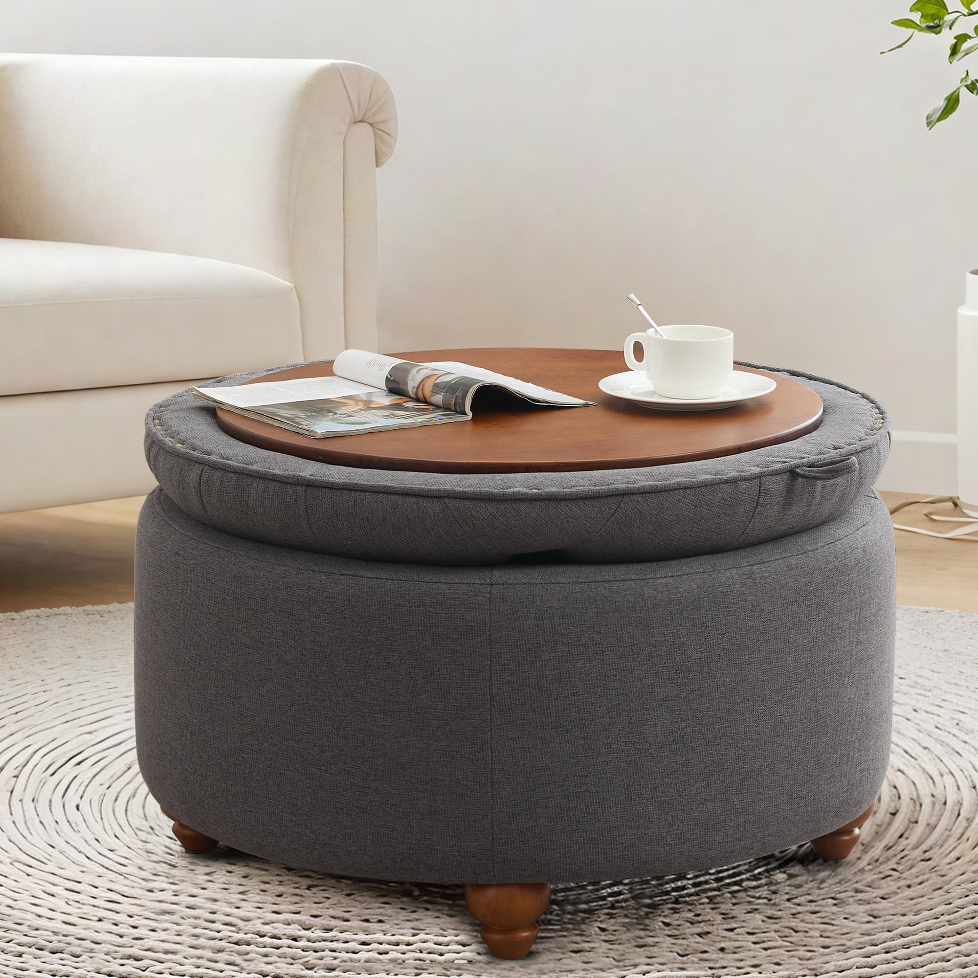 24'' Round Ottoman with Storage, Modern Tufted Fabric Storage Ottoman with Removable Top for Living Room, Bedroom, Drak Gray