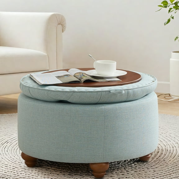 24'' Round Ottoman with Storage, Modern Tufted Fabric Storage Ottoman with Removable Top for Living Room, Bedroom, Light Blue