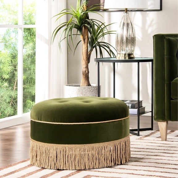 24" Round Upholstered Bench | Used for Extra Seating or Footrest | Featuring Tassel Rope Fringe | Meets the Demand for Decorative and Functional Furniture