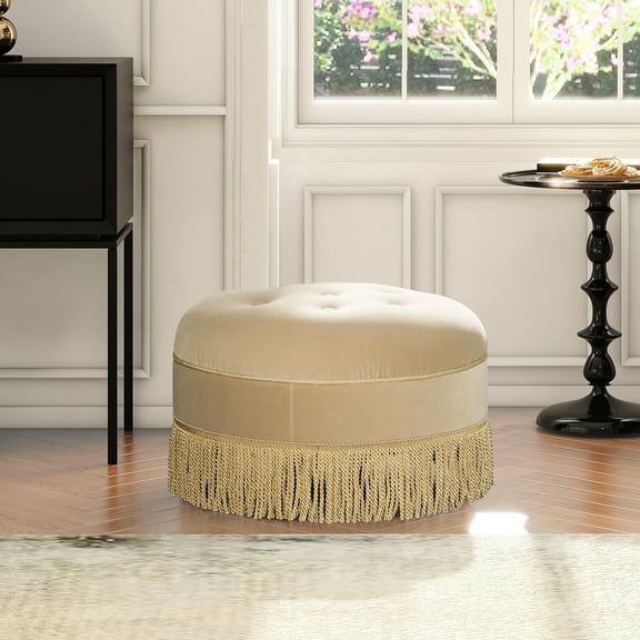24" Round Upholstered In Fawn Brown - Quality Fabric Cover Velvet Bench Medium Firm Foam Seat