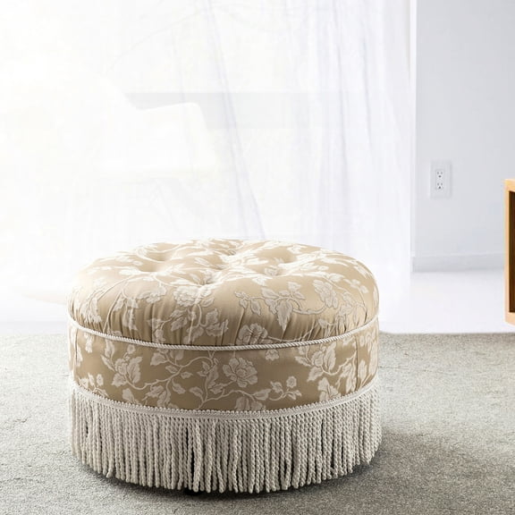 24" Round Upholstered Ottoman, Tassel Rope Fringe / Brings Vintage Charm to Rooms