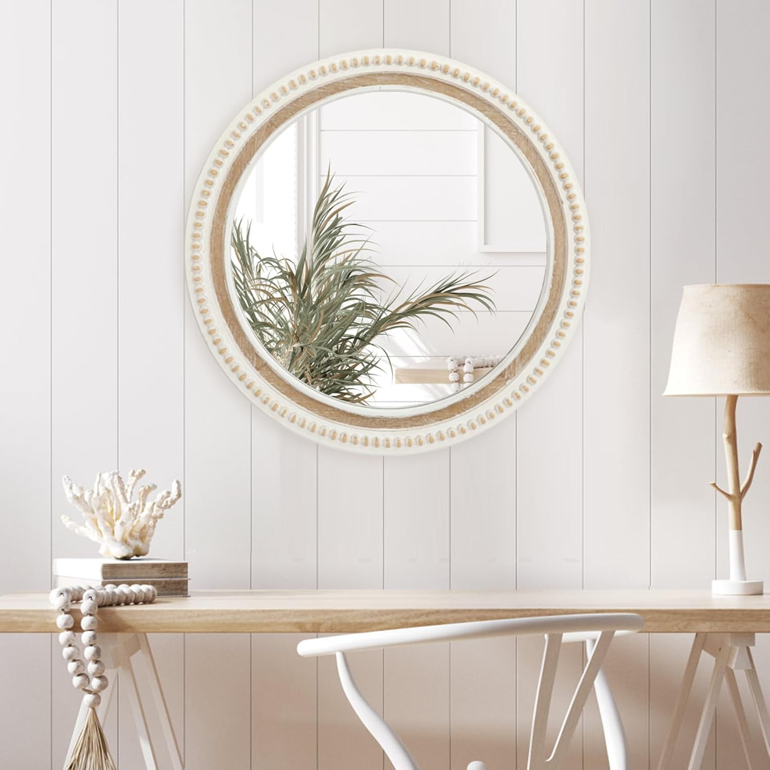 Round Distressed White Wood Beaded Wa...