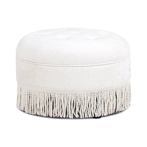 24" Round White Chenille Ottoman with Tassel Fringe, Upholstered Accent Stool for Living Room