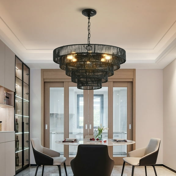 24" Rustic 5-Tier Black Hemp Rope Pendant Light Chandelier, 8 E12 Sockets, Boho Farmhouse Ceiling Fixture for Dining Room, Kitchen, Entryway (Bulbs Not Included)
