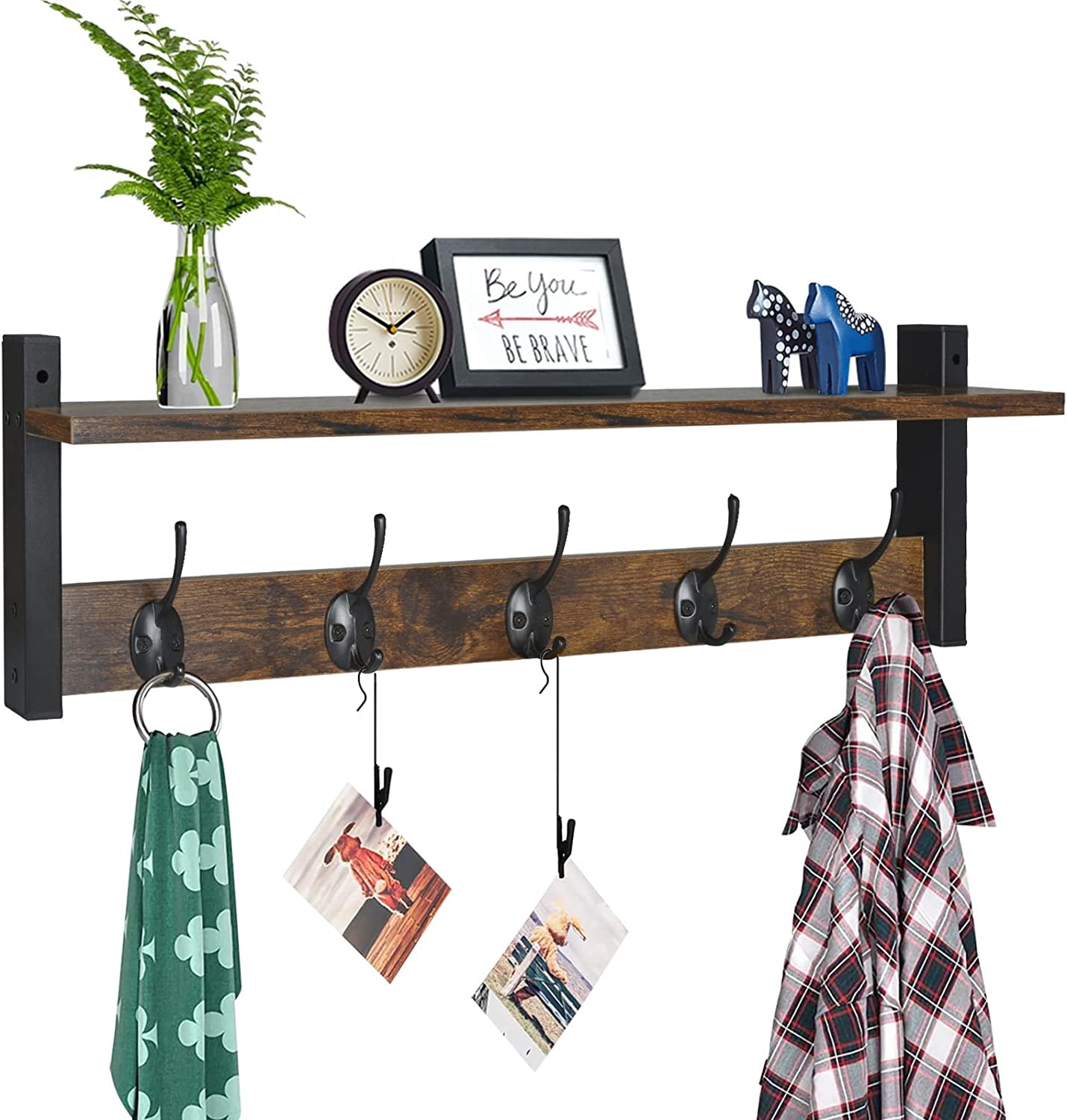 24'' Rustic Brown Wall Mounted Coat Rack with Shelf and Black Hooks