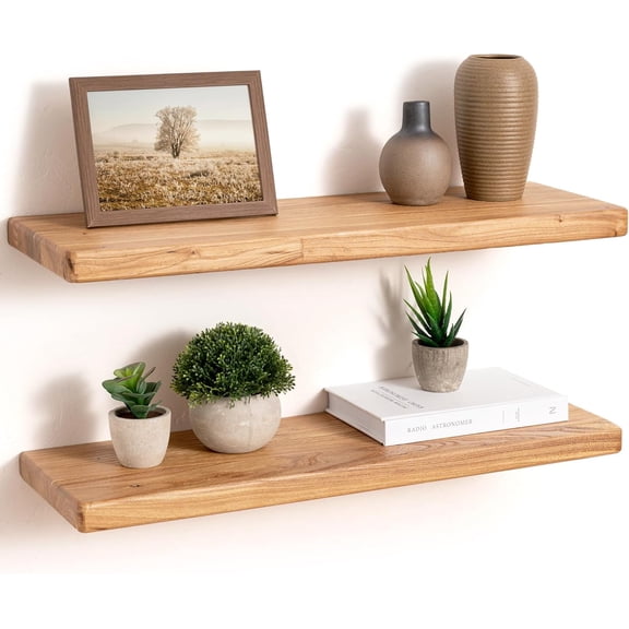 24" Rustic Elm Wood Floating Shelves, 8 Inch Deep Wall Shelves for Home Decor, Wall Mounted Floating Shelf with Invisible Bracket, Heavy-Duty Storage & Display Shelf for Living Room, Kitchen,Set of 2