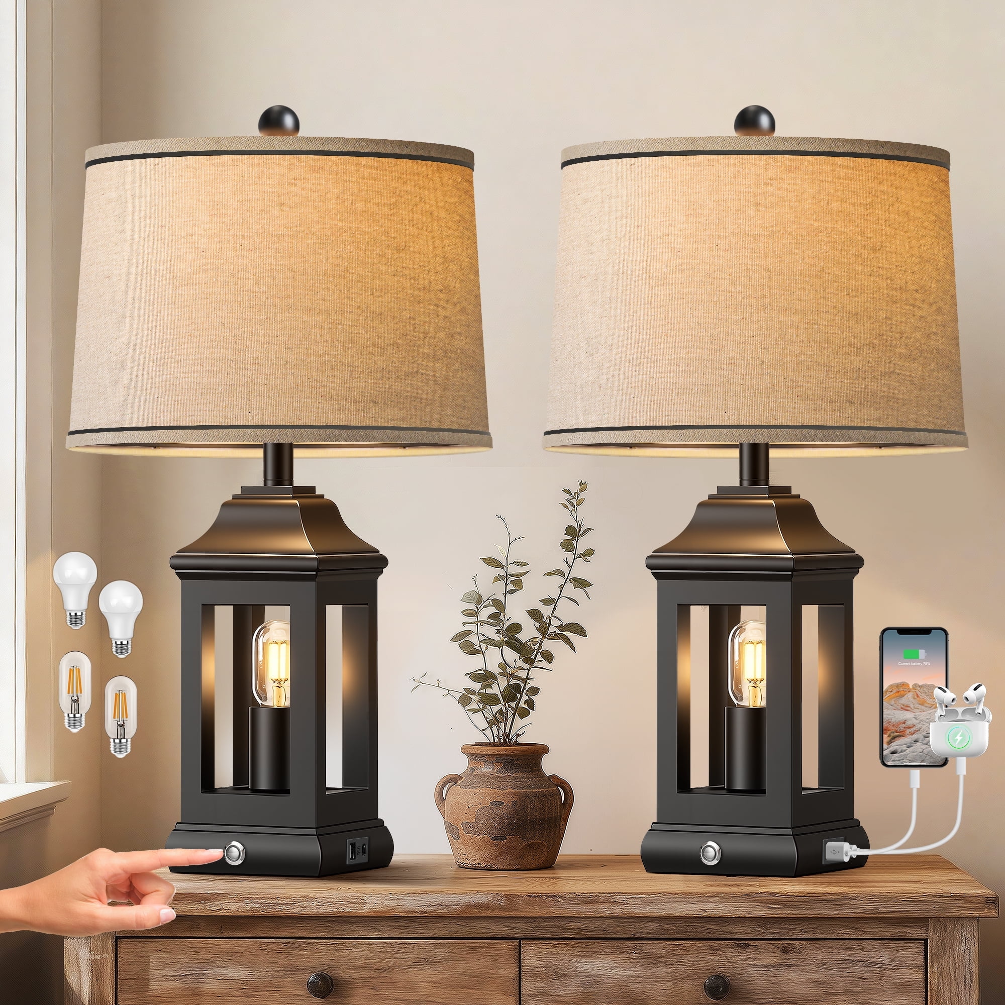24" Rustic Farmhouse Table Lamps for Living Room Set of 2, Touch Dimmable Nightlight Vintage Bedside Lamps with USB A+C Ports & Dual Light Sources for Bedroom Nightstand End Table, Matte Black