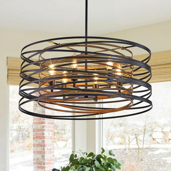 24" Rustic Industrial Pendant Light,6-Light Black and Walnut Metal Cage Chandelier with Wood Accents for Dining Room (No Bulbs)