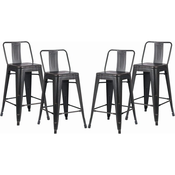 24" Sanded Matte Black Industrial Contemporary Rustic Metal Barstools with Bucket Back, Set of 4