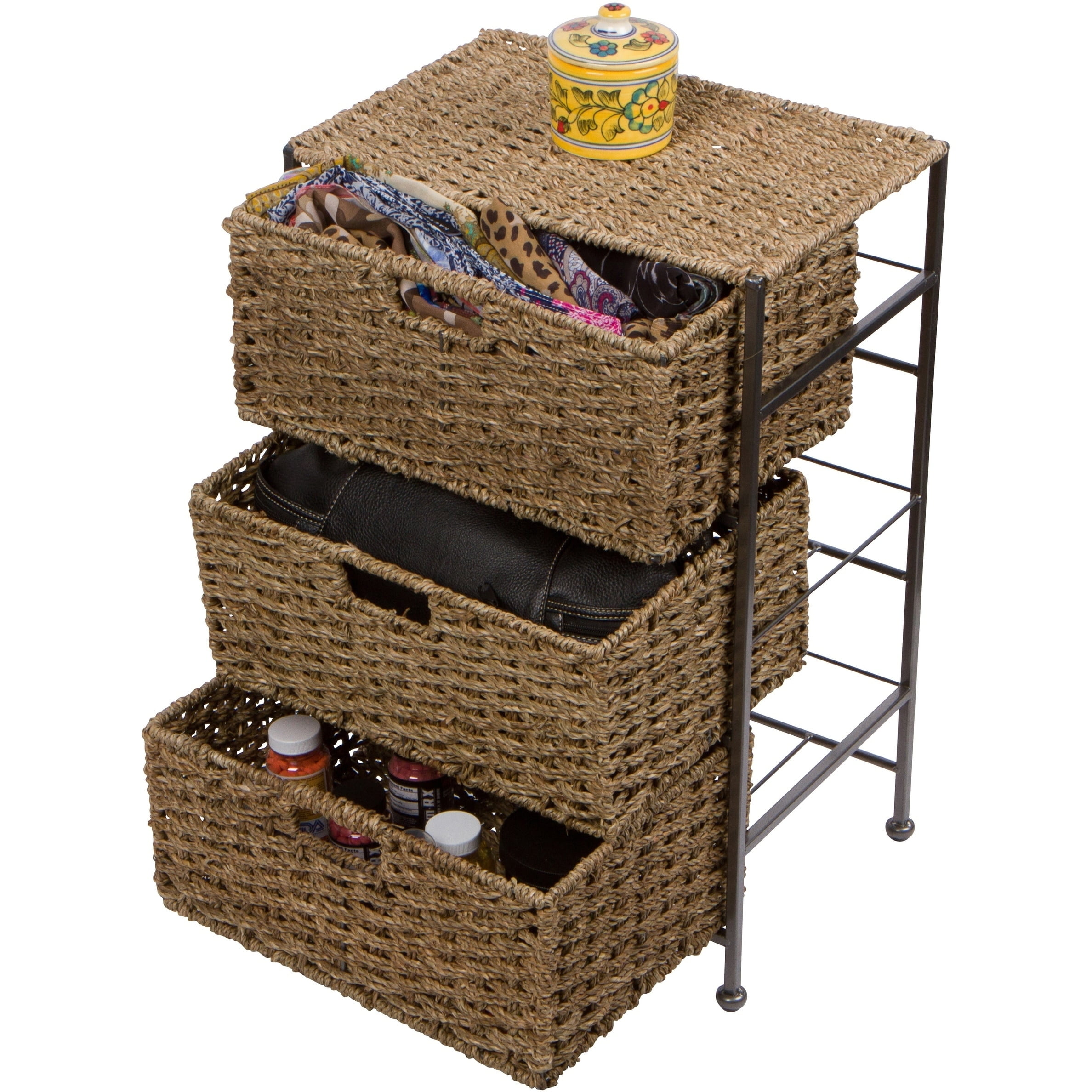 24" Seagrass and Metal 3-Drawer Storage Chest