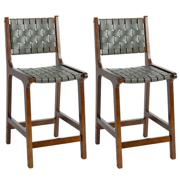 24" Seat Height Faxu Leather Counter Stools with Wooden Frame, Set of 2, Grey