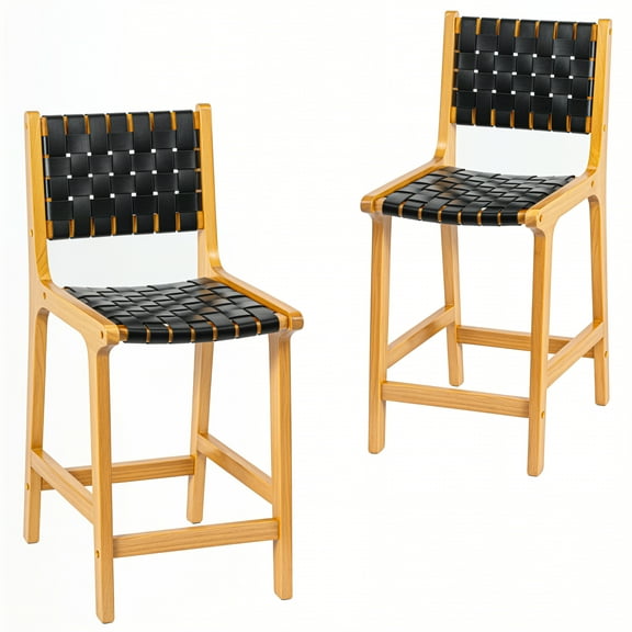 24" Seat Height Woven Strips Bar Stools, Faux Leather Counter Stools with Wooden Frame, Set of 2, Teak+Black
