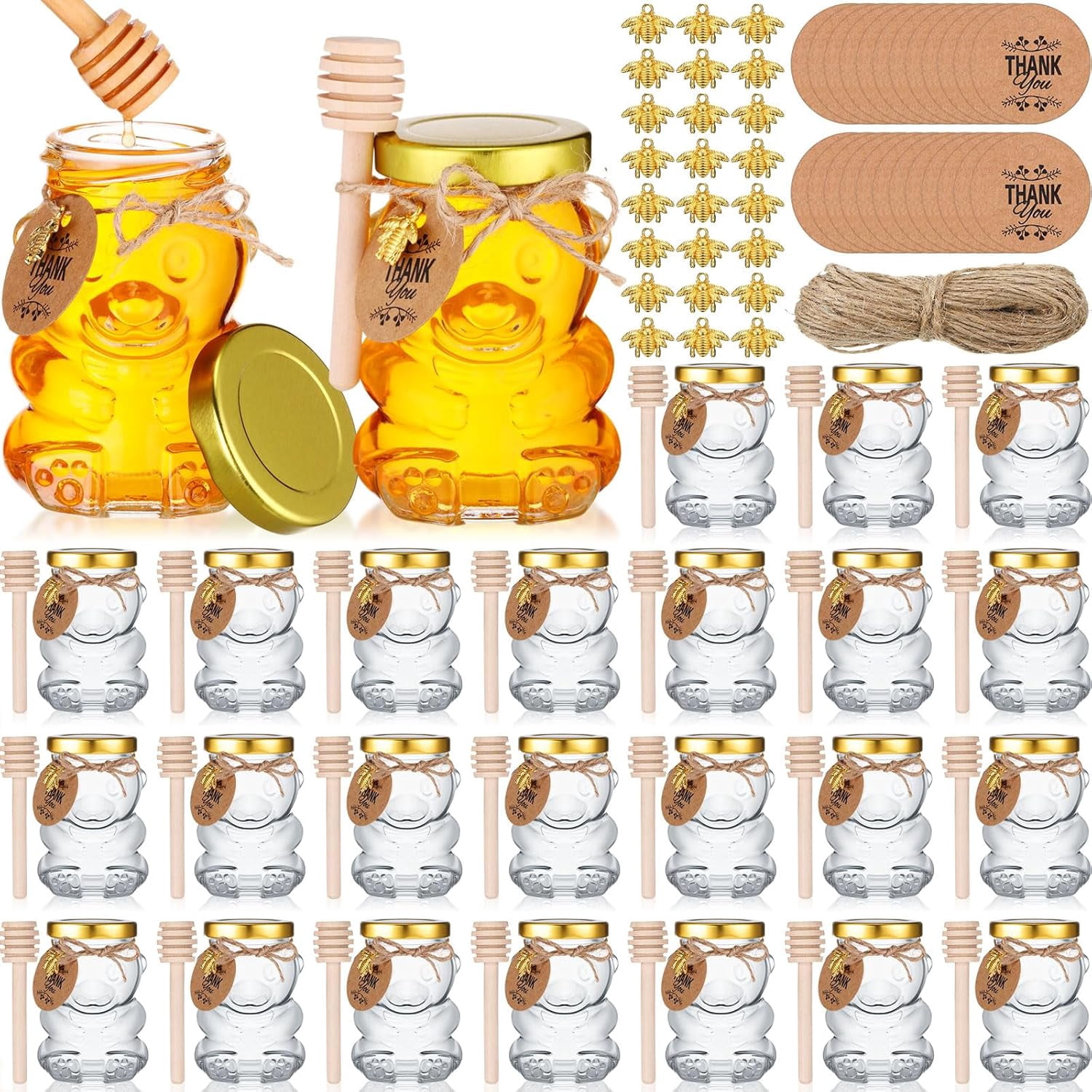 24 Set 4 oz Bear Shaped Rosh Hashanah Glass Honey Jars with Dipper Bee ...