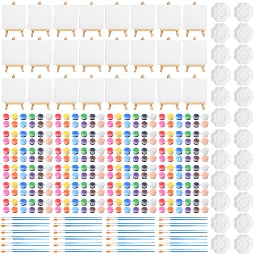 24 Set 4 x 4 Inch Mini Canvas Panels and Easel Painting Kit, 12 Colors ...