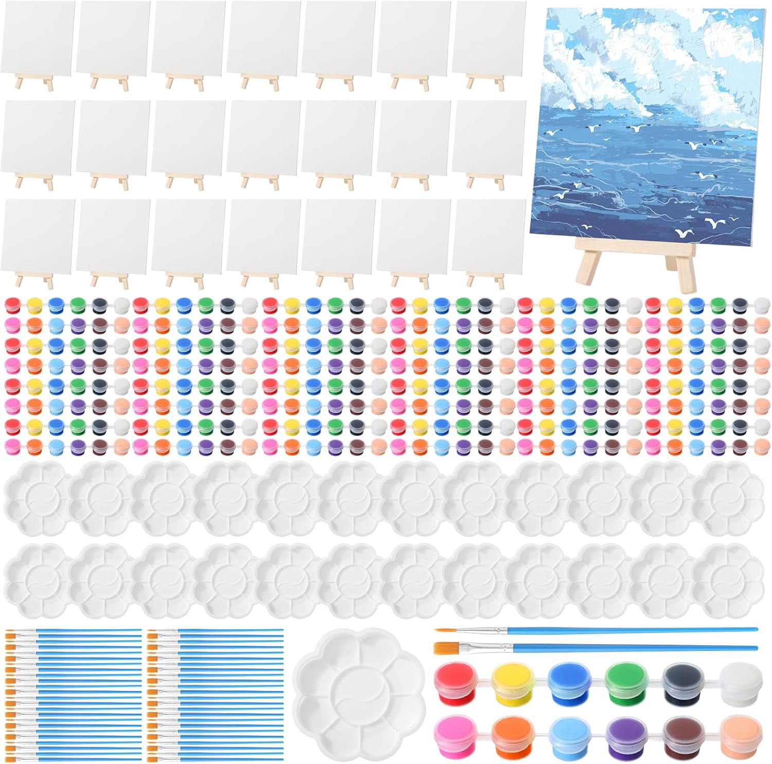 24 Set 6 x 6 Inch Canvas Boards and Easel for Painting, Acrylic Paint Strips, s, Brushes, Canvases Painting Kits for Kids Adults Artists Beginners Oil Acrylic Painting Party Favors