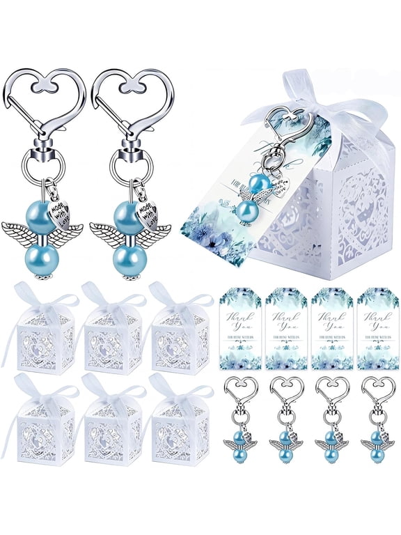 24 Set Baby Boy Shower Favors Kit, Blue Angel Keychains with Thank You Tags & Ribbon Candy Boxes, for Baptism Gender Reveal Birthday Guest Keepsakes