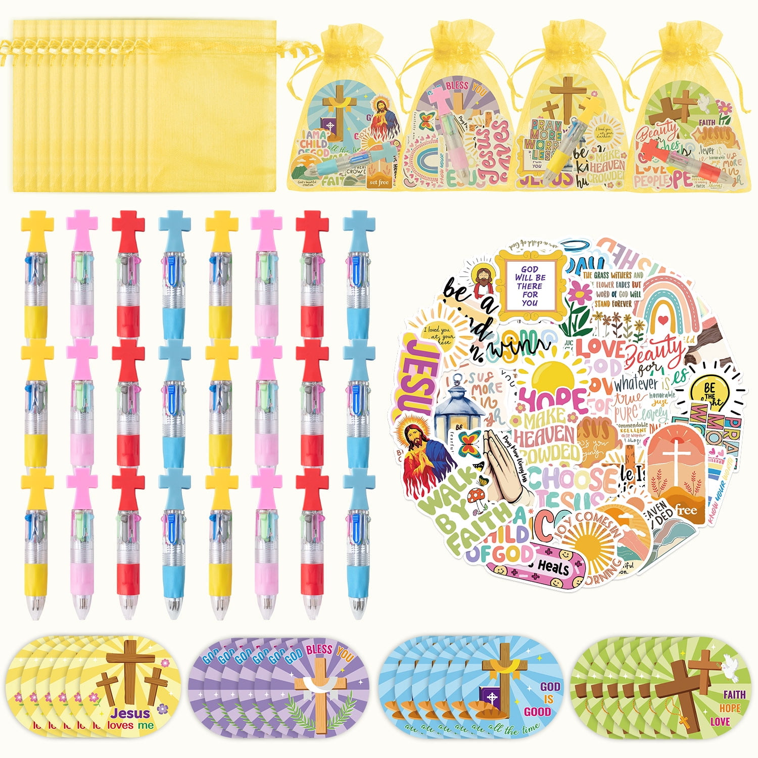 24 Set Christian Stationery Party Favors 4-In-1 Pens Sticky Note Stickers Net Bag Kit for Teaching Rewards Prizes