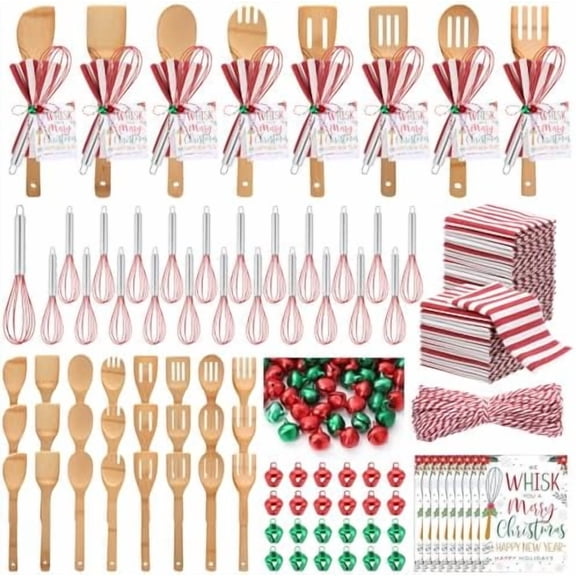24 Set Christmas Whisk Kitchen Utensils Supplies Gifts Sets Christmas Spatulas Stainless Steel Whisk Bamboo Spoons Towel Greeting Card Bells for Xmas Cooking Employee Stocking Stuffer