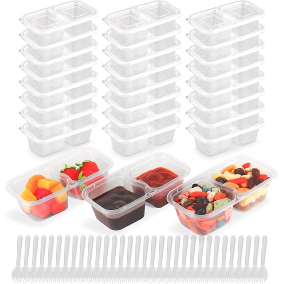 24 Set Double Compartment Snack Containers with and Spoons, Snack Packs 2 Compartments, Snack Containers for Picnics, Lunches, Microwave Safe