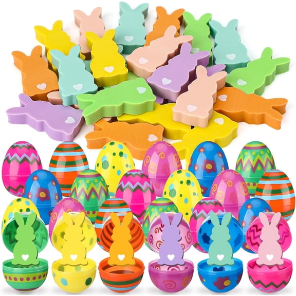 24 Set Easter Eggs with Bunny Erasers Colorful Cute Bunny-Shaped Erasers Filled Easter Eggs Decoration for Egg Hunt DIY Basket Stuffers Favors Race Rewards Gifts Party Supplies