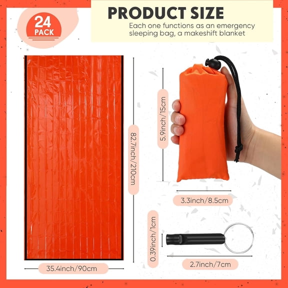 24 Set Emergency Sleeping Bag Survival Bivvy Sack Blanket with Whistles Lightweight Portable Thermal Survival Bag Thick with Hood Extension Nylon Stuff Sack for Camping Hiking Outdoor