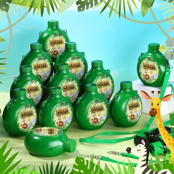 24 Set Jungle Safari Party Supplies Kids Canteens with Strap 10 oz Plastic Reusable Water Bottle Bulk for Zoo Animal Camo Camping Theme Birthday Decoration (Green)