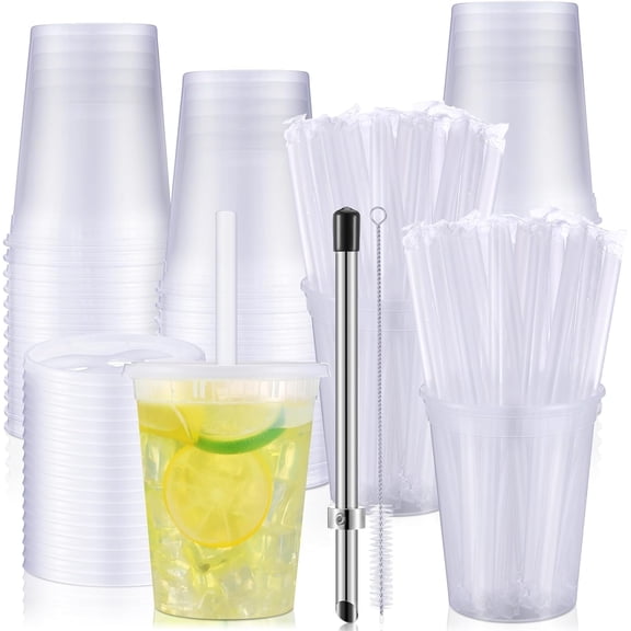 24 Set Lemonade Cups with Lids Include 32oz Clear Plastic Cups Straw Puncher Straws Lids Eyedropper Brush Apple Citrus Hot Cup for Fall Caramel Apple Cider Hot Drinks