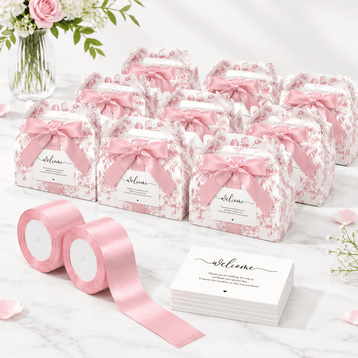 24 Set Pink Chinoiserie Wedding Welcome Gable Gift Boxes with Ribbon ...