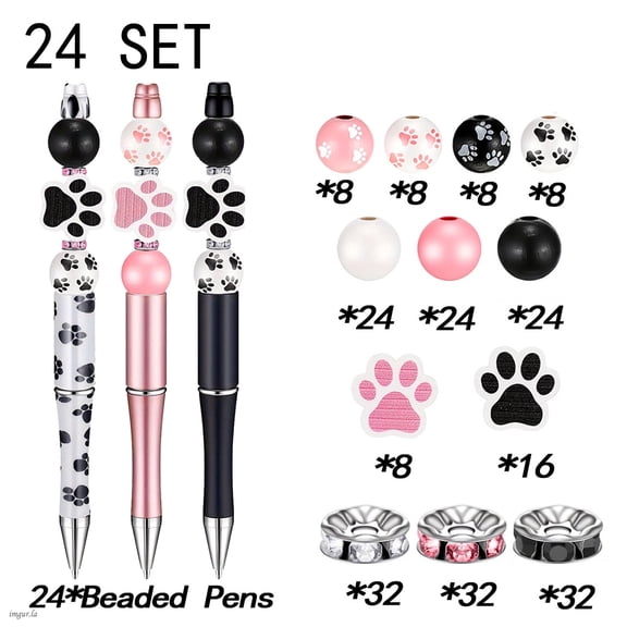 24 Set Plastic Bead Pens Cute Dog Paw DIY Pens, Making Kit Assorted Bead Pens Wood Beads Crystal Spacer Beads Black Ink Pens