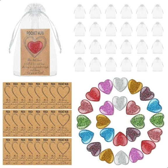 24 Set Pocket Hug Bulk Heart Shape Stones with Hug Card Organza Bag Greeting Keepsake Exchange Relationship Card for Friend Family Colleague Gifts Celebration of Life