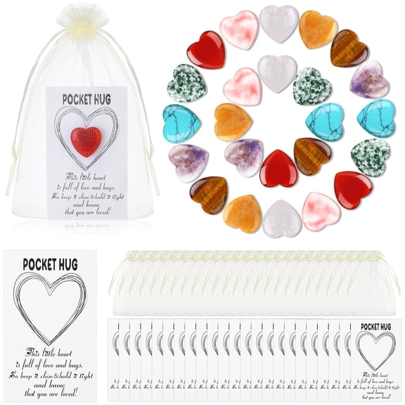 24 Set Pocket Hug Token Bulk Celebration of Life Favor Heart Crystal Hug Card Organza Bag Pocket Heart Stone Greeting Card Keepsake Exchange Gift for Women Friend Colleague(Multicolor)