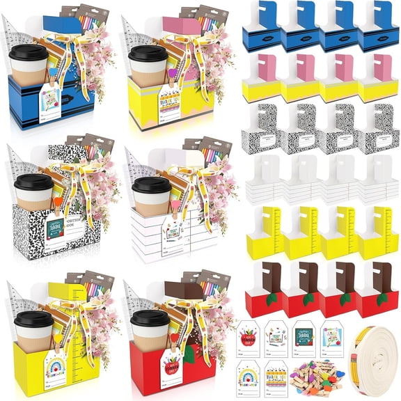 24 Set to School Teacher Gifts, 2 Cup Drink Carrier with Handle | Disposable Coffee Cup Holder with Cards, Clips & Ribbon, Cardboard Set for Graduation Party Supplies