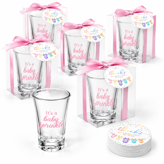 24 Set Sprinkle Themed Shot Glass Party Favor Kit with Cards and Ribbons