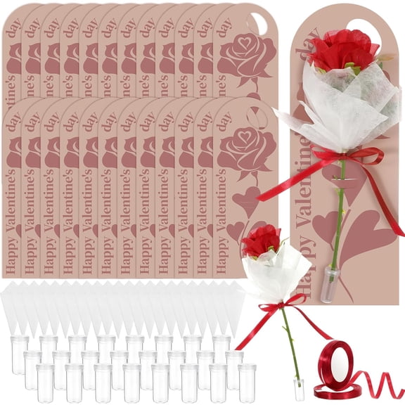 24 Set Valentine's Day Themed Single Rose Card Sleeve Gift Packaging Flower Holder with Floral Water Tubes Ribbon Floral Tissue Paper for Rose Packing