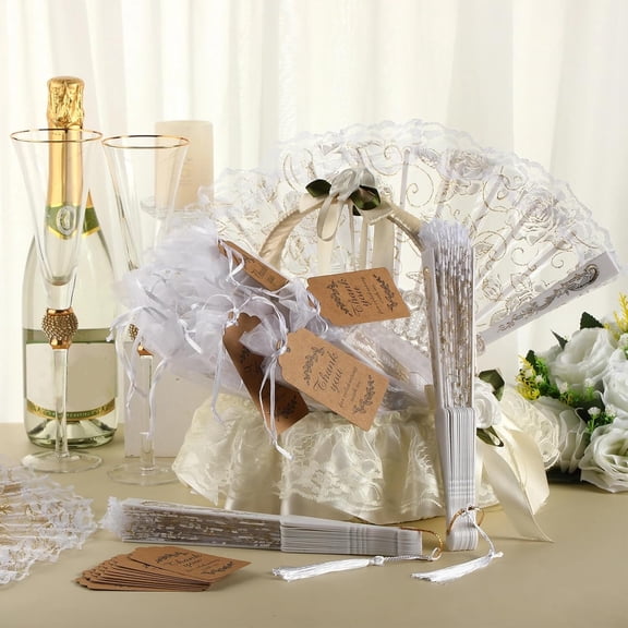 24 Set White Wedding Fans Lace Floral Folding Hand Fans for Women Rose Chinese Retro Foldable Fan Bridal Dancing Props Fan Tag with Holes and Bags for Church Wedding Gift Tea Party