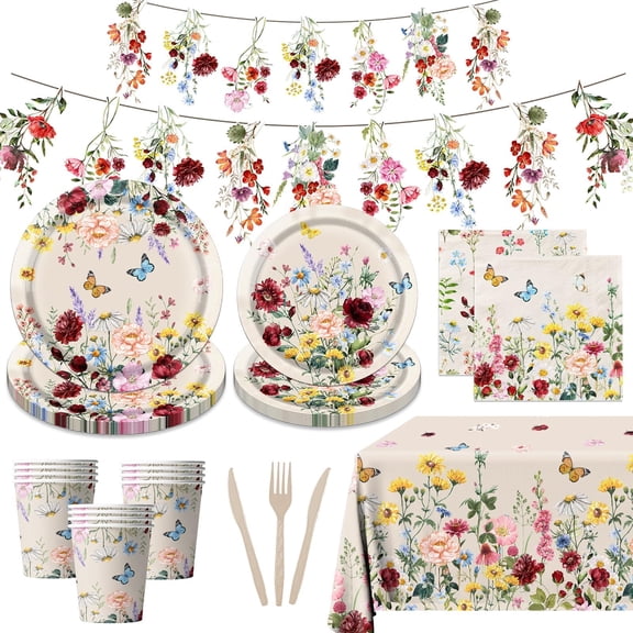 24 Set Wild Flower Birthday Party Decorations-Vintage Wildflower Paper Plates and Napkins Party Supplies,Baby in Bloom Watercolor Floral Tableware for Bridal Shower,and Mothers Day Tea Parties Y102