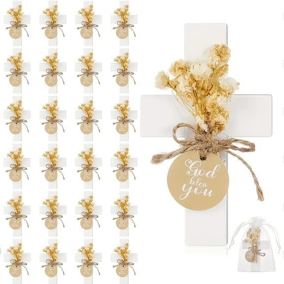24 Set Wooden Cross Baptism Favors with Organza Gift Bags, White Cross with Dried Flower Decoration Religious Gifts for Easter Spring Celebrations First Communion Church Events Faith Blessing