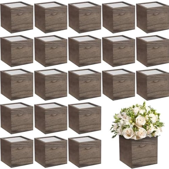 24 Set Wooden Planter Box Square Wood Flower 4 Rustic Cube Planter Box with Removable Foam Blocks Liner Brown Square Vase for Home Centerpiece Garden Craft Wedding Farmhouse Decor$$Garden & Patio