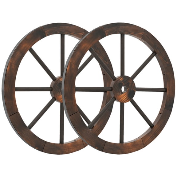 24" Set of 2 Carbonized Fir Wood Wagon Wheels, Rustic Western Decor with Reinforced Metal Rim