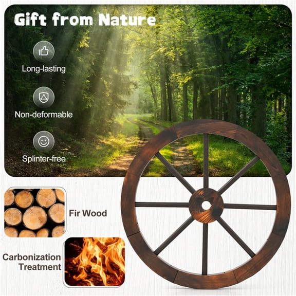 24" Set of 2 Carbonized Fir Wood Wagon Wheels, Rustic Western Decor with Reinforced Metal Rim