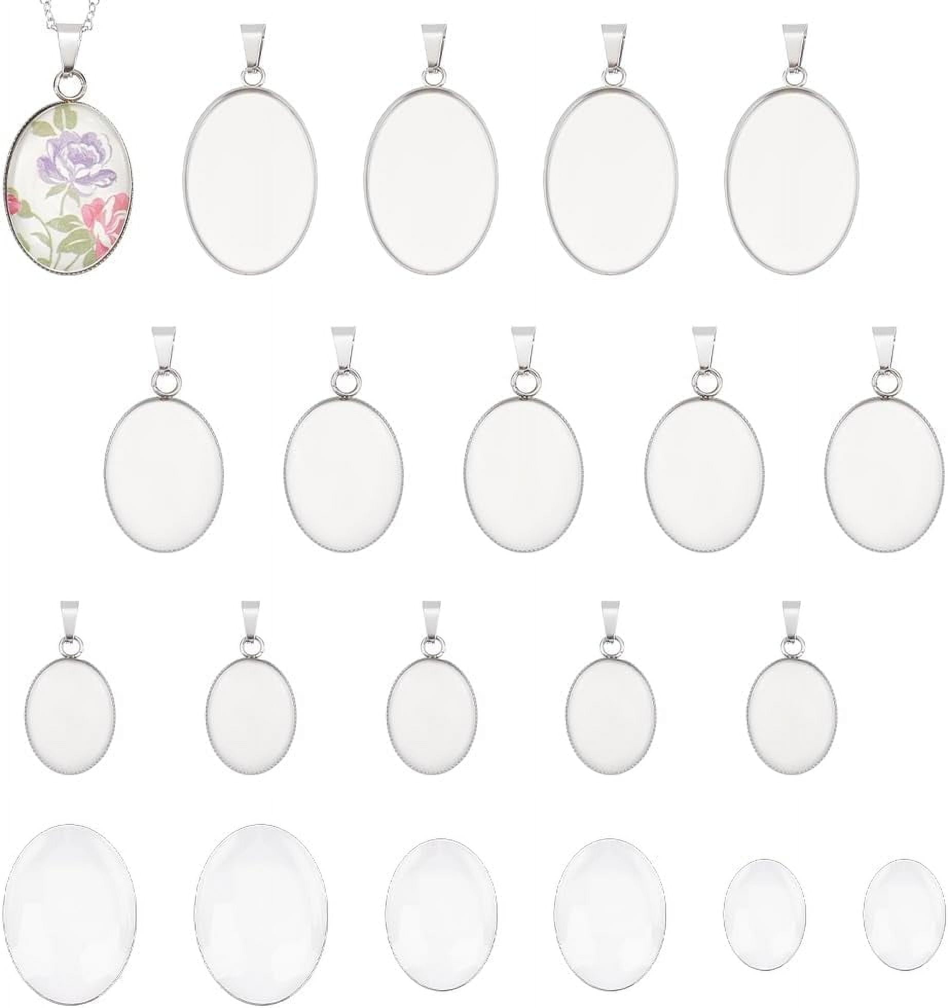 24 Sets 3 Sizes Stainless Steel Pendant Cabochon Oval Blank Bezel Pendant with Glass Cabochons Base Pendant Cabochon Settings for Necklaces Jewelry Making Findings DIY