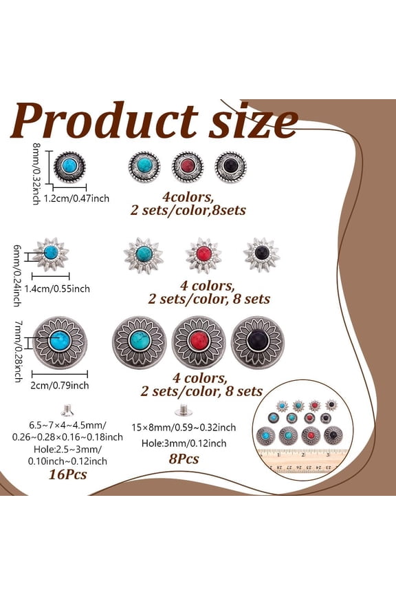 24 Sets 3 Styles Metal Sunflower Buttons Turquoise Metal Buckle Leather Decorative Flower Decorative Buckle Screw Back Buttons for DIY Craft Leather Belt