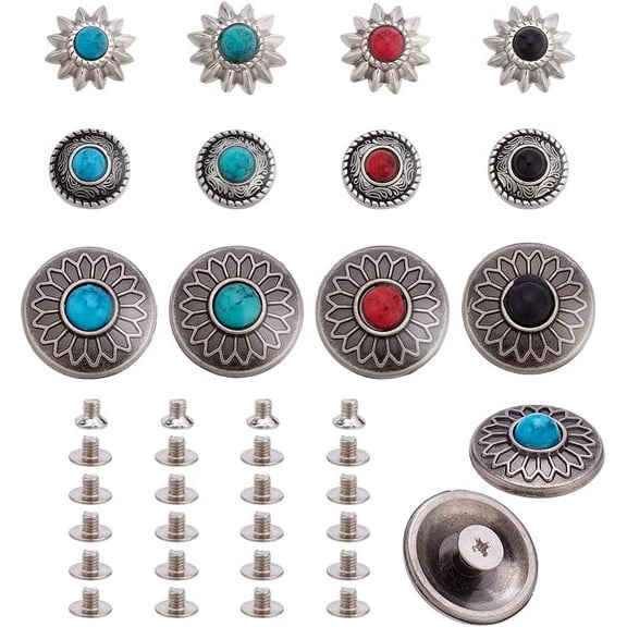 24 Sets 3 Styles Metal Sunflower Buttons Turquoise Metal Buckle Leather Decorative Flower Decorative Buckle Screw Back Buttons for DIY Craft Leather Belt Alloy