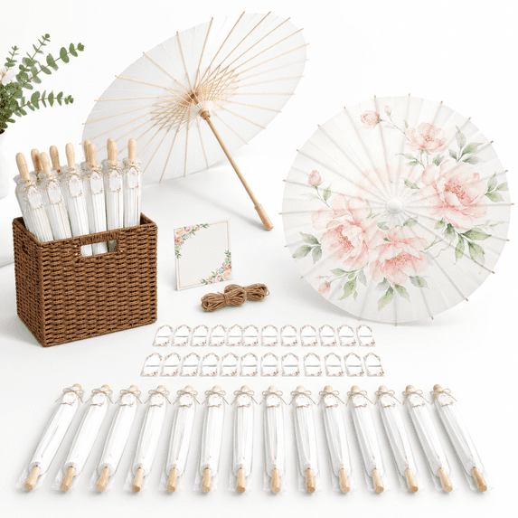 24 Sets 33 Inch White Paper Parasol Umbrella For Weddingese With ...
