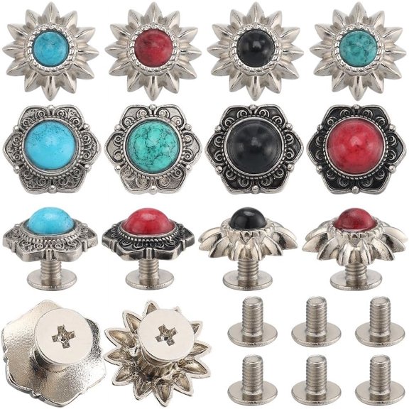 24 Sets 8 Styles Western Screw Back Buttons 13mm Conchos Turquoise Cowboy Vintage Flower Decorative Leather Buckles Natural Stone Metal Retro Castings Rivets Studs for DIY Craft Fabrics DIY