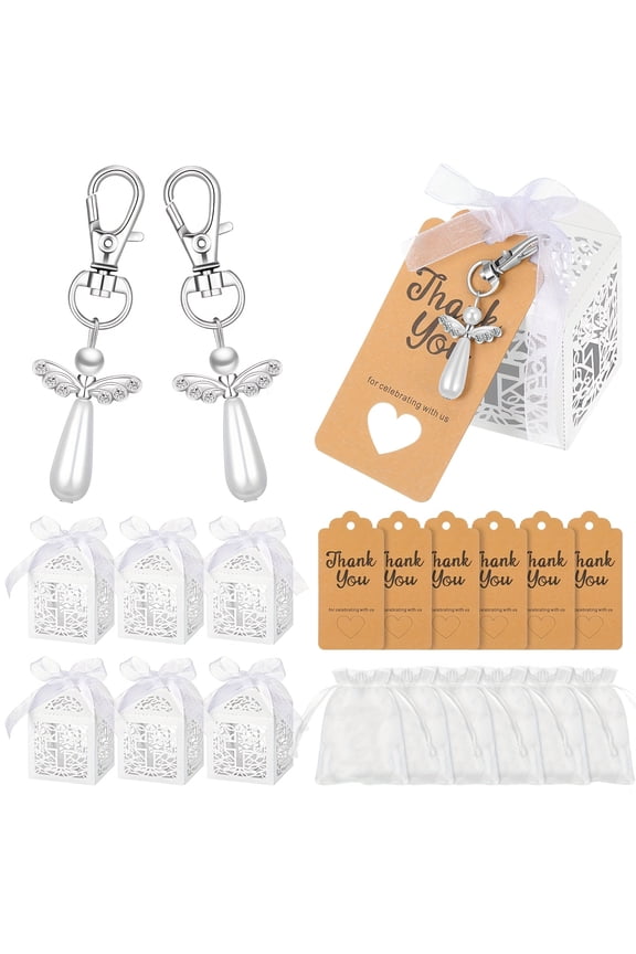24 Sets Angel Keychain Baptism Favors, Crystal Wing Charms with Cross Boxes Organza Bags Thank You Tags, Religious Gifts for First Communion Confirmation Ceremony Bulk